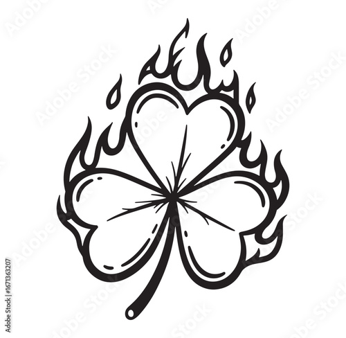Bold black shamrock enveloped in flames representing luck st patricks day symbol