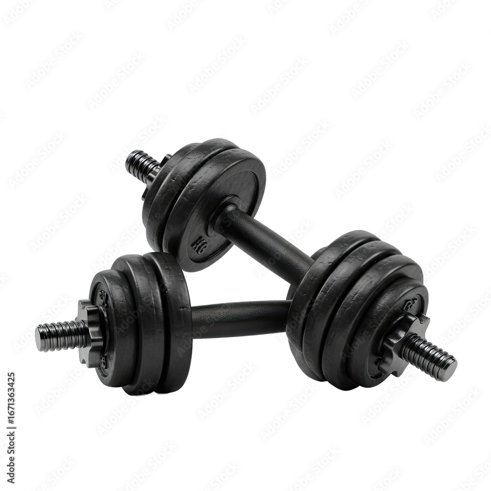 Fototapeta premium Two Black Adjustable Dumbisolateds Stacked for Strength Trainisolated and Weightliftisolated, Presented on an Isolated Studio Background. PNG Transparent Background