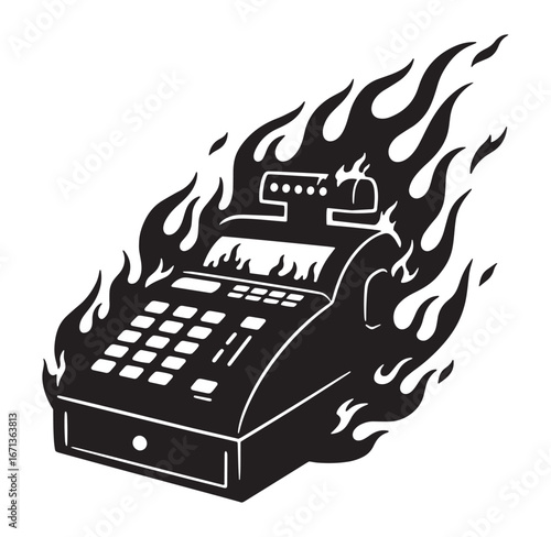 Burning cash register illustration depicting financial crisis or economic meltdown concept