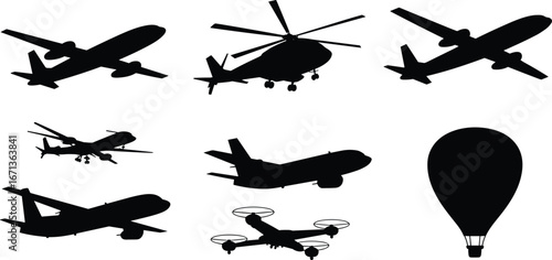 Flying vehicle silhouettes, airplane icons, drone shapes, helicopter outline, hot air balloon, aviation vector, black aircraft, aerial transport, flight design