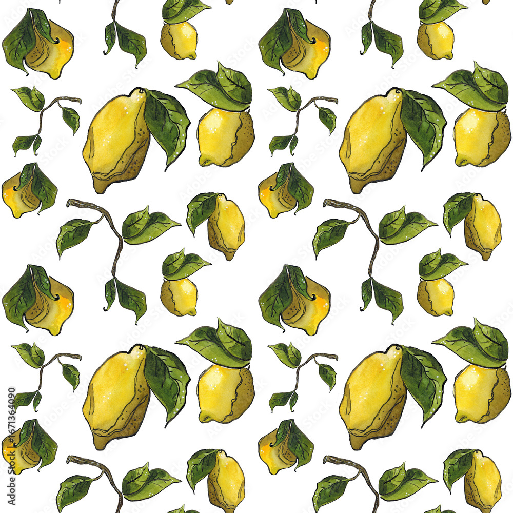 Obraz premium Seamless pattern of lemons and branches with leaves. Hand drawn illustration with watercolor and ink. Drawing for design of cards, fabric, paper. Fruit, citrus, yellow, graphic, branch, leaf, green