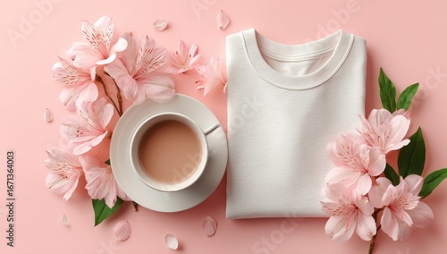 Pastel pink flatlay with flowers, teacup, and folded white tee