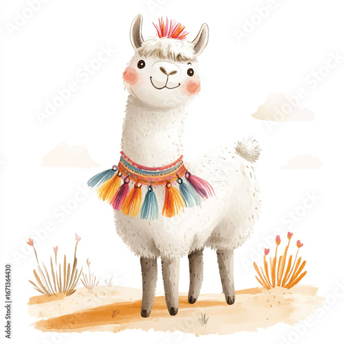 a cute Fluffy llama with colorful tassels