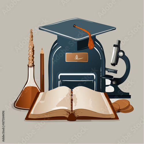 Education and Learning Flat Vector Icon Set Open Book, Graduation Cap, Microscope & More