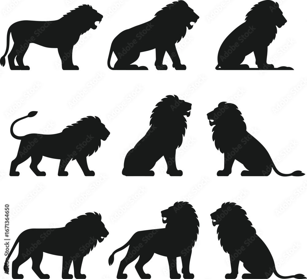 Naklejka premium Lion silhouette collection, black lion icons, vector lion shapes, black lion icons, wild animal poses, sitting lion, walking lion, roaring lion, vector lion shapes, isolated lions