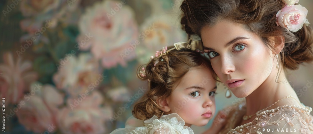 Fototapeta premium A mother and daughter in a light setting with focus on mother, daughter, portrait. Unique
