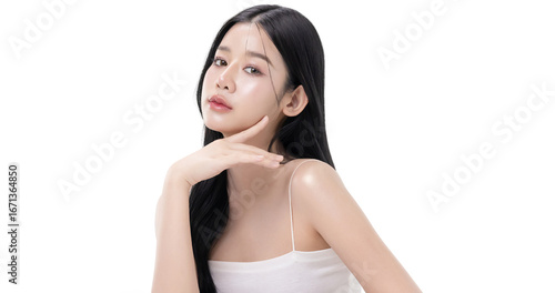 Quadro su tela A beautiful Asian woman with long black wavy hair posing gracefully with a soft smile isolated on transparent background, studio beauty portrait