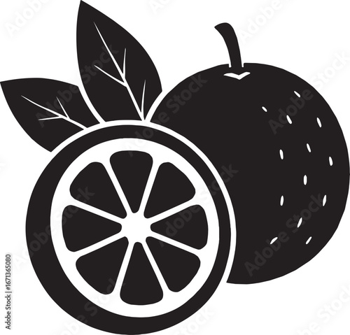 Simple black and white illustration of an orange and its slice with leaves.