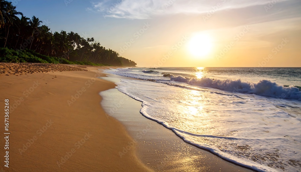 Obraz premium Golden sunset over a tropical beach; gentle waves lap the shore