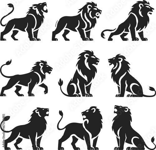 Lion silhouette, heraldic lion, black lion icon,lion  lion shape, lion animal, lion standing, lion sitting, lion walking, lion tail, lion mane, lion posture, lion collection
