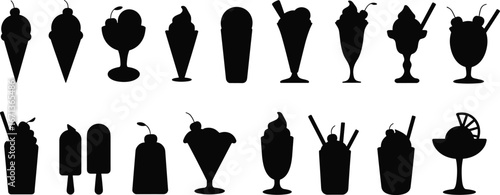 Ice cream silhouettes, popsicle, sundae, milkshake, dessert icons, frozen treats, parfait, whipped cream, cherry, black vector set, sweet food
