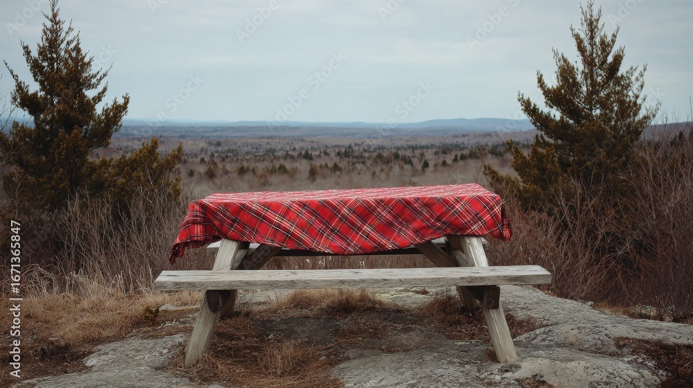 Obraz premium Picnic Table With Red Plaid Cloth Overlooking a Scenic Valley During Overcast Weather