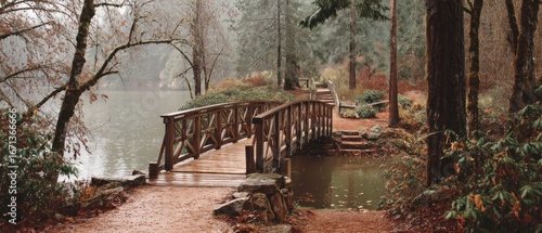 Wooden bridge over lake in misty forest