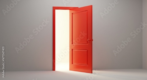 A vibrant red door stands open, revealing a bright, inviting space beyond.