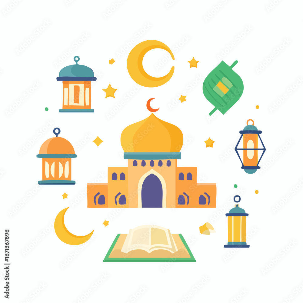 Fototapeta premium Islamic icon set featuring mosque, crescent moon, Quran, lantern, tasbih, halal, zakat, ketupat, and drum. Perfect for Ramadan, Eid al-Fitr, Eid al-Adha, and Islamic design projects.