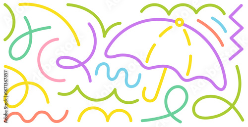 Colorful abstract line design featuring an umbrella with water and wind motifs in a vibrant arrangement