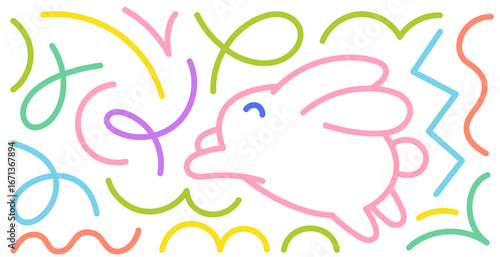 Colorful rabbit line illustration with playful design elements in a whimsical style