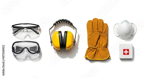 High resolution studio photograph of workshop safety kit on clean white background with bright even lighting