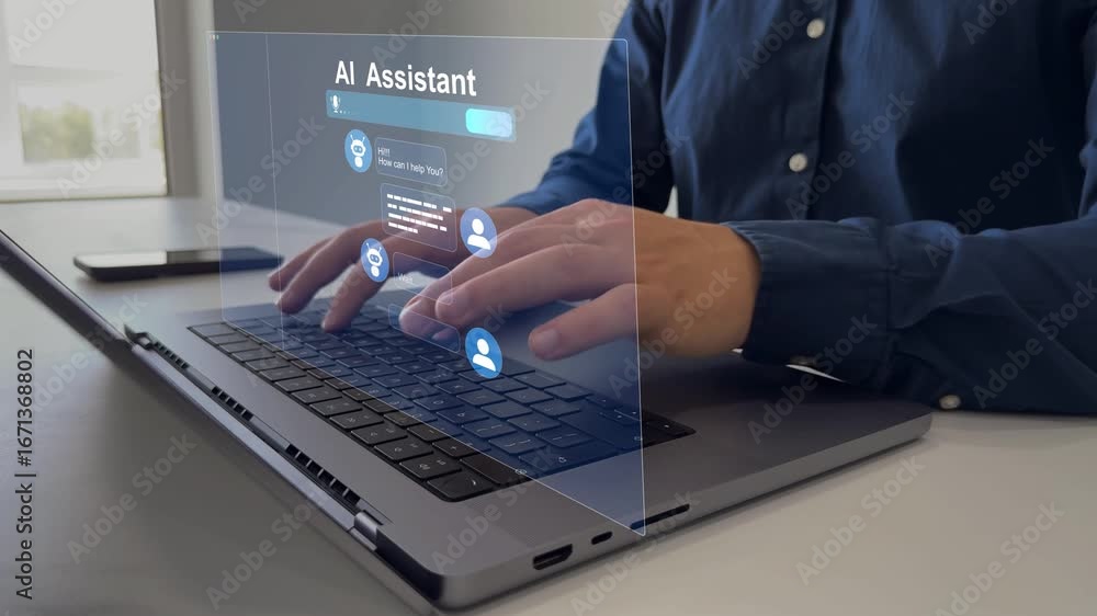 Person searching for information with the help of Ai assistant.Virtual assistant, artificial intelligence Bot and CRM software automation technology.Ai generator documents,bot writing and coding	
