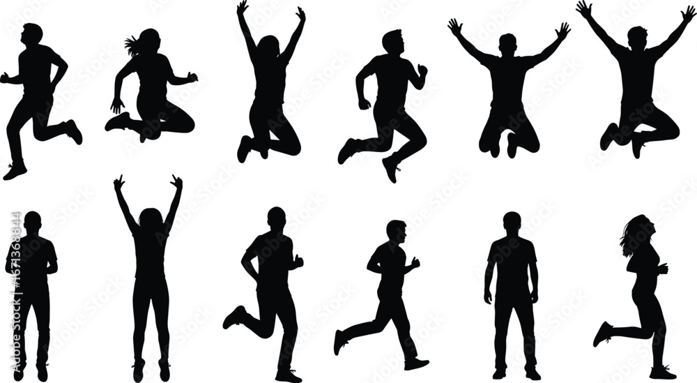 Naklejka premium Silhouette of active human figures, jumping, running, black shapes, motion, fitness, energy, movement, people, sports, action, exercise, physical activity, abstract, minimal, vector, isolated