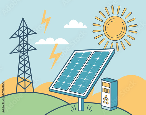 Solar Energy Panel with Sunlight Concept Vector
