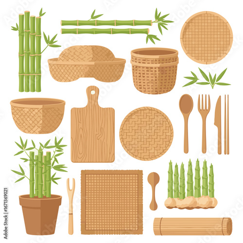 Bamboo Kitchenware and Traditional Crafts Vector Illustration