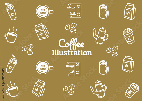 A set of coffee shop illustration pattern with dark brown background, food packaging, menu illustration hand drawn print ads, coffee business, coffee shop
