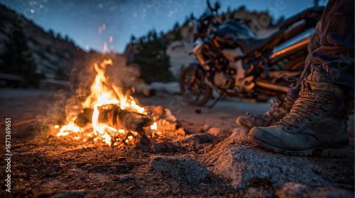 A close-up of a campfire with a motorcycle in the background, evoking adventure and outdoor exploration.