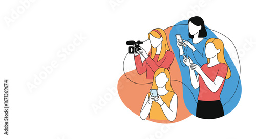 Illustration of people communicating and creating content with technology and smartphones