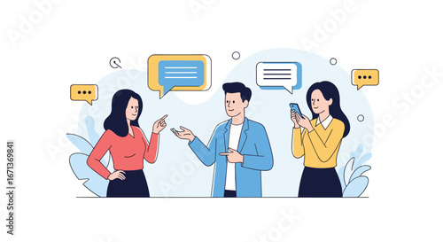 Three people interacting with speech bubbles showing communication and dialogue for sharing ideas and thoughts