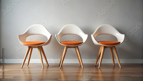 Photo of three modern, white molded plastic chairs with orange seat cushions and light wood legs are arranged in a row against a neutral grey wall