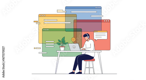 Illustrating a focused individual working efficiently on multiple digital platforms simultaneously