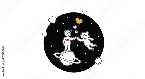 Cosmic love story illustration capturing a beautiful moment between two people reaching for a heart