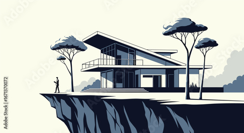 Modern architectural masterpiece perched dramatically on a cliff edge with stylized trees and scenic landscape background