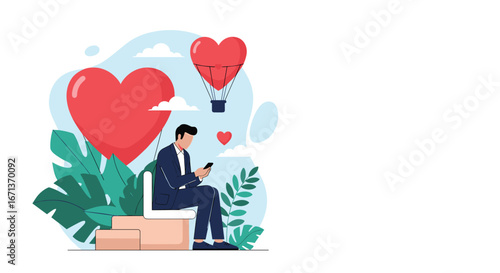 Man sitting outdoors using smartphone surrounded by hearts and lush greenery