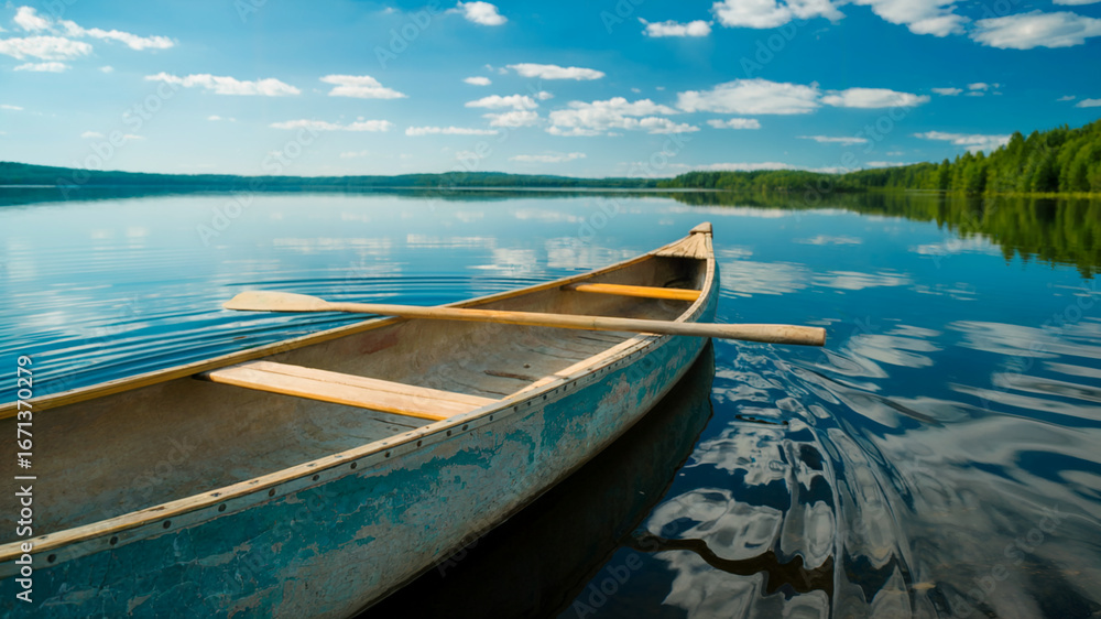 Obraz premium Old Wooden Canoe with Paddle on Tranquil Lake