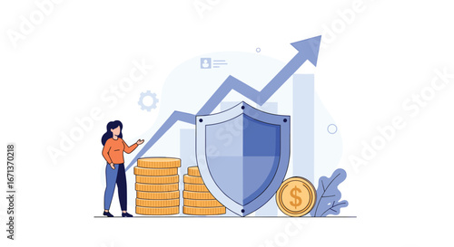 Financial security shield protecting growing wealth and investment returns with upward trend graph illustration