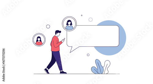 Man engaged in conversation through mobile device with digital communication icons representing online social interaction