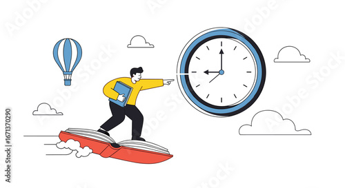 Man riding hoverboard towards clock showing time management efficiency