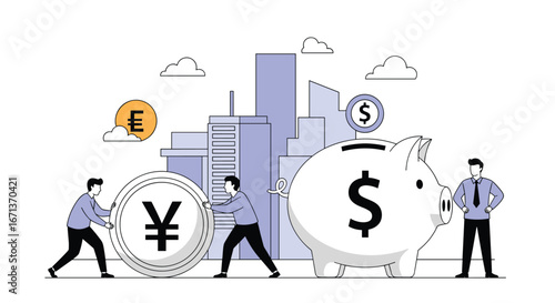 Illustrative depiction of financial management and global currency exchange activities promoting investment growth opportunities