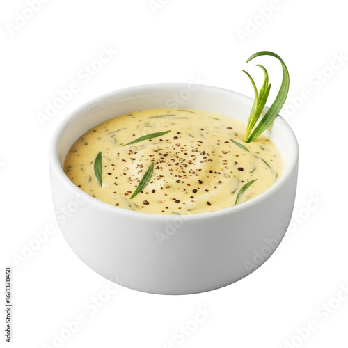 transparent ramekin with glossy yellow Béarnaise sauce, tarragon & pepper, isolated on a seamless transparent background, no shadows, gourmet food product concept