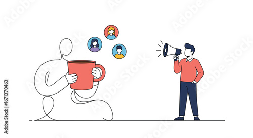 Giant holding a large cup of coffee listening to a man with a megaphone announcing to people