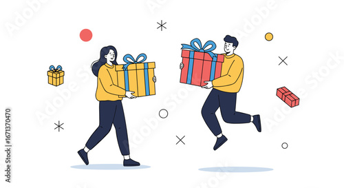 Excited friends exchanging gift boxes demonstrating generosity and celebration