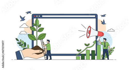 Illustrating the concept of business growth and marketing success with a digital platform and supportive imagery