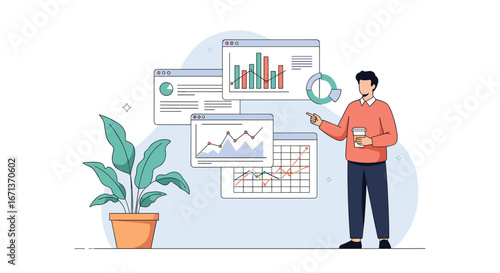 Business professional analyzing complex data trends and financial performance on digital screens