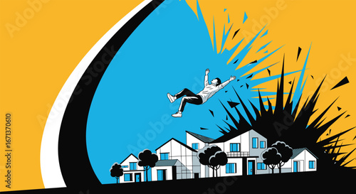 Man falling through the sky amidst a chaotic explosion shattering homes and property in a suburban neighborhood scene