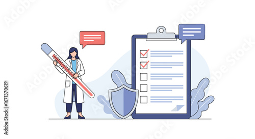Doctor holding thermometer with checklist shield and plants medical concept illustration