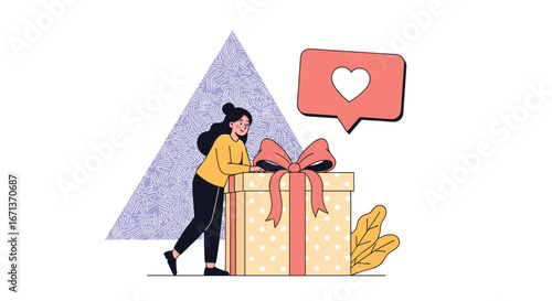 A happy person receiving a wonderfully wrapped gift box with a bow and a like symbol in a speech bubble above