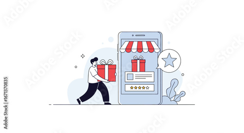 Customer receives a gift while shopping online through a mobile application showing a store and product reviews