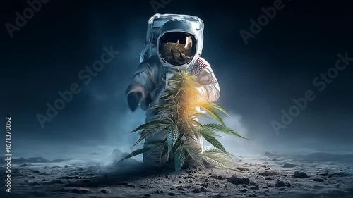 Astronaut Cultivating Cannabis on Alien Planet with Fantasy, Space, and Futuristic Art.